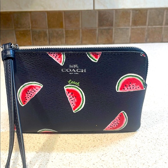 Coach Handbags - Coach Black Pebbled Leather Wristlet with Watermelon Design Like New!